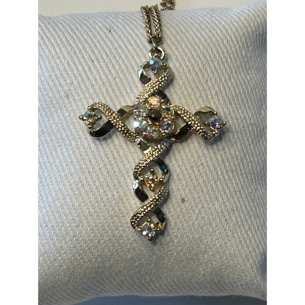Vintage Rhinestone Cross Necklace Gold Tone Aurora Borealis